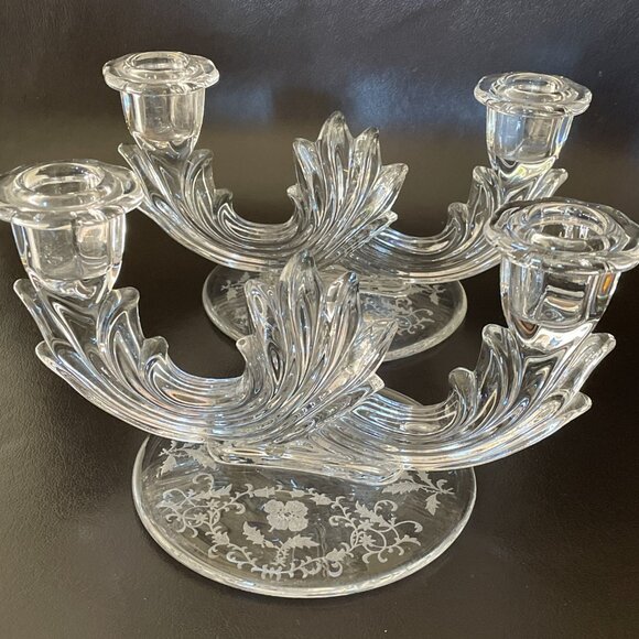 Vintage Fostoria Double Candlestick Navarre Etched Glass Flowers Base - Picture 5 of 10